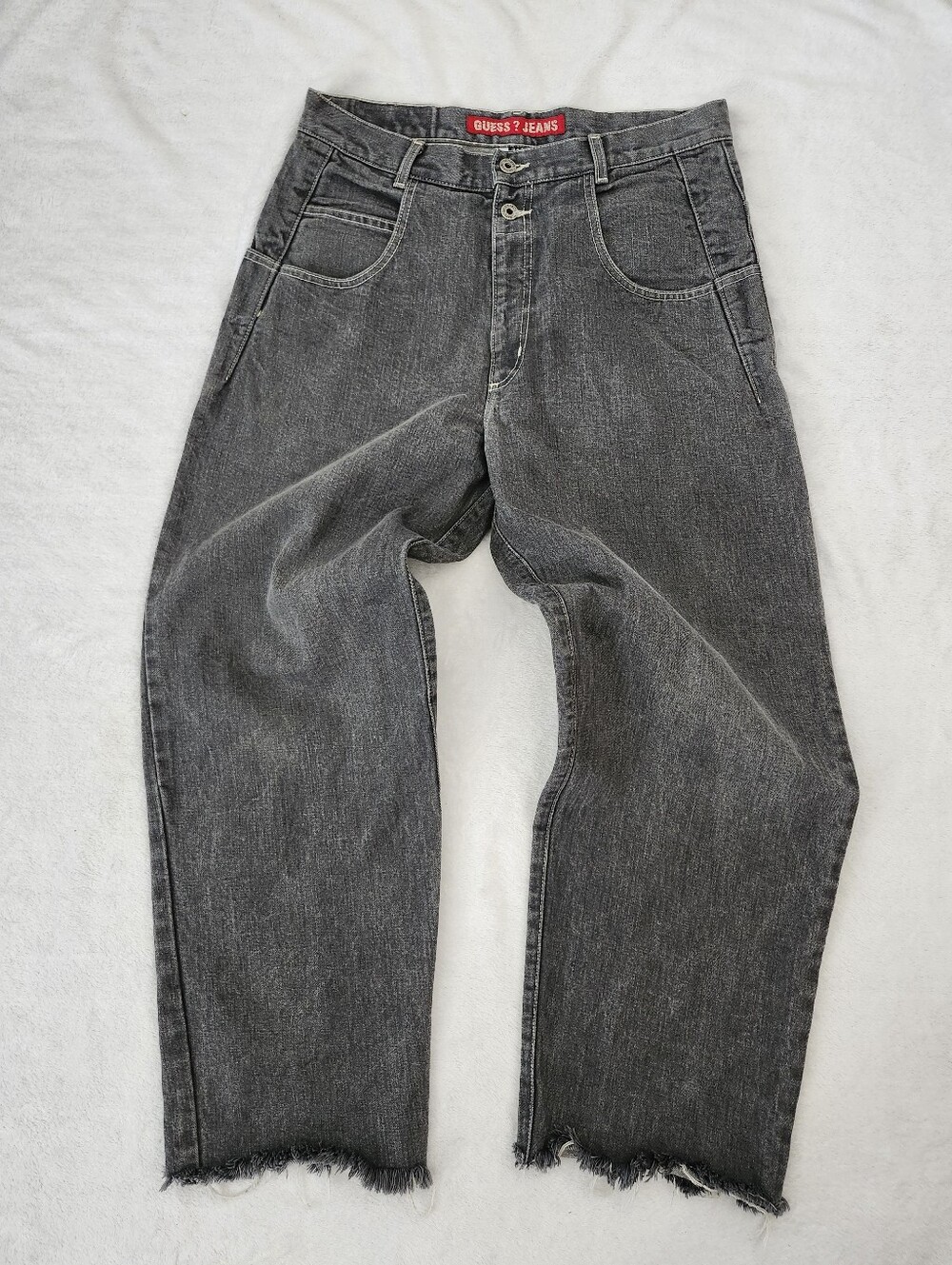 Vintage GUESS JEANS Washed Grey Baggy Skater Grunge Raw Hem Denim Jeans W34